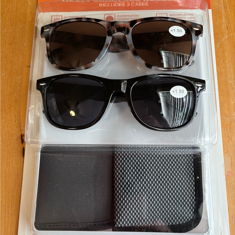 Stylish Black and Gray with 1.5 Reading Sunglasses Set with carrying case.